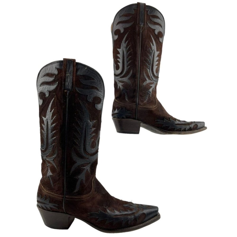 Lucchese Brown Leather Western Cowboy Boots with Black Overlay